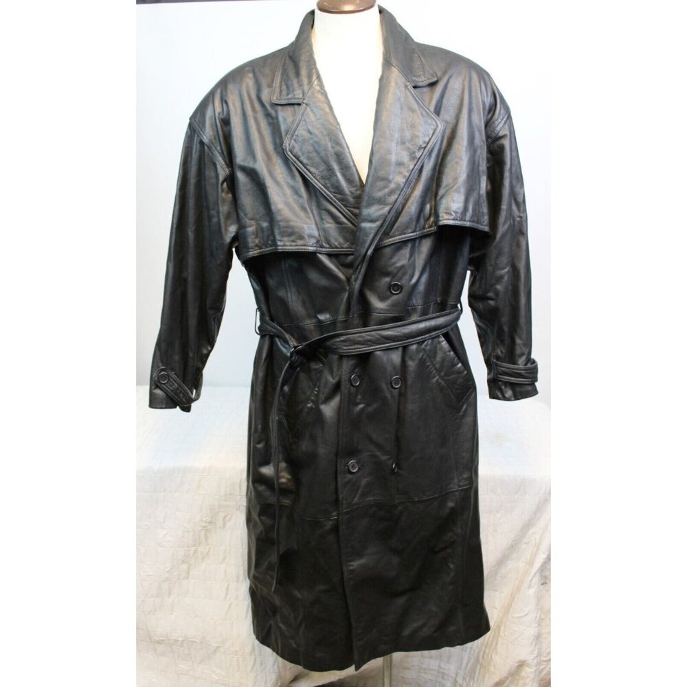 Vtg 90s Lucian Black Leather Duster Trench Coat Men Lg Western Full Length Long